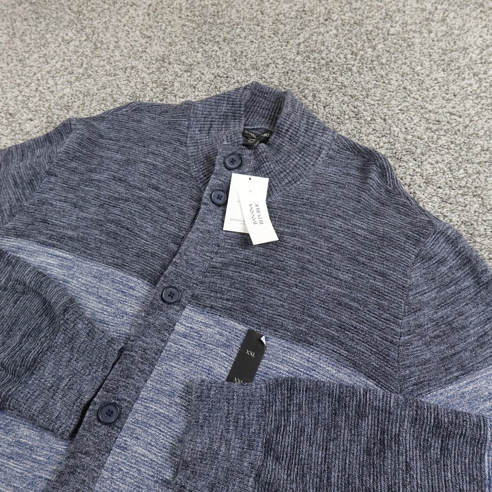 NEW Banana Republic Sweater Mens 2XL Blue Stripe‎ Button Cardigan Mock Neck Knit